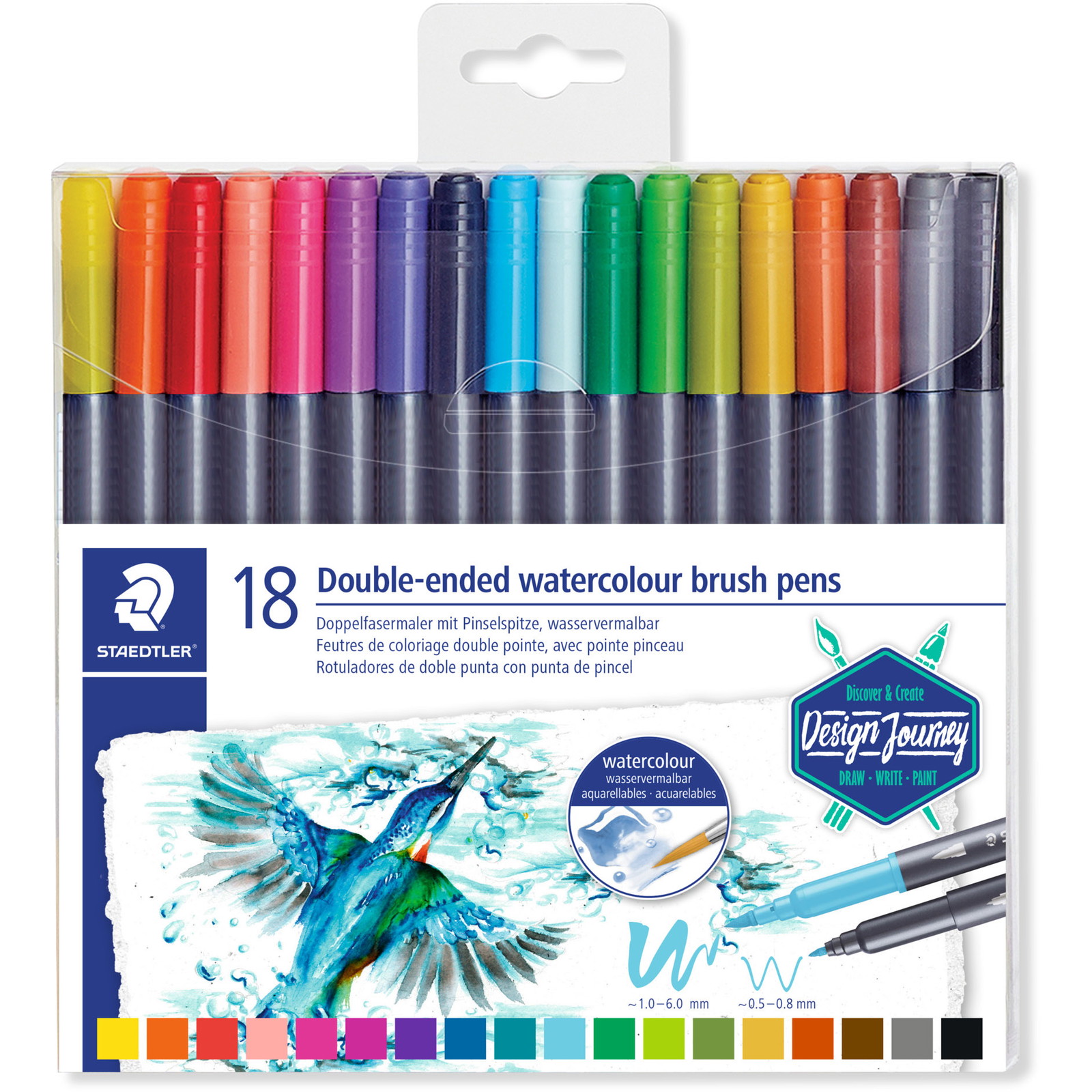 6 x Staedtler 3001 Duo akvareltuscher 0,5-0,8/1,0-6,0mm 18stk