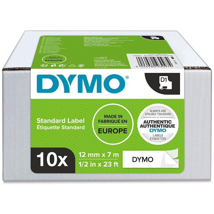 Dymo D1 polyester tape sort/hvid 12mmx7m