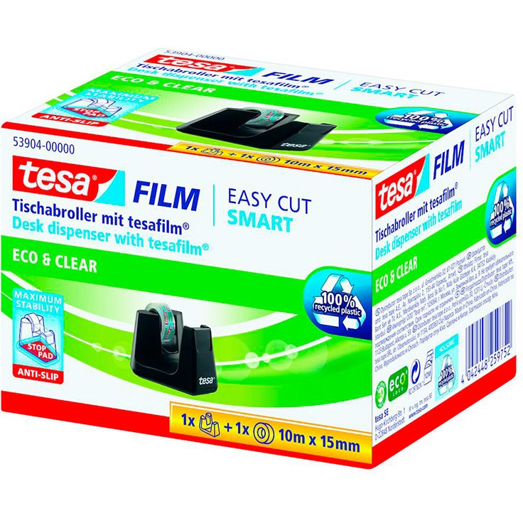 Tesa Easy Cut dispenser sort med 1rl Eco & Clear tape 19mm
