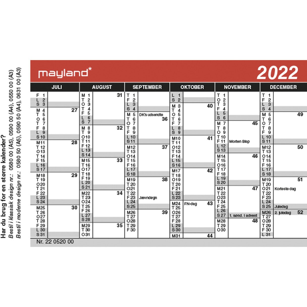 Mayland mini kalender 2x6 mdr vendbar 7x10,5 cm 22052000