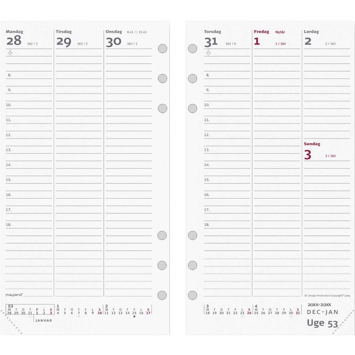 Mayland PP system kalender ugeopslag højformat 16,8x9,5 cm refill 22275000