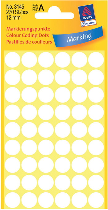 Avery 3145 Ø12mm etiket hvid 270stk