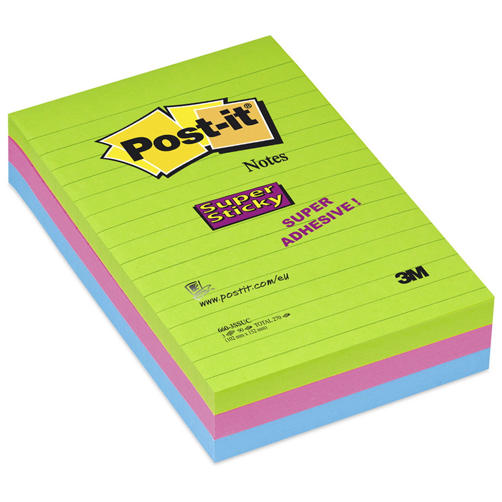 Post-it Super Sticky notes 102x152mm blå/pink/grøn 3stk