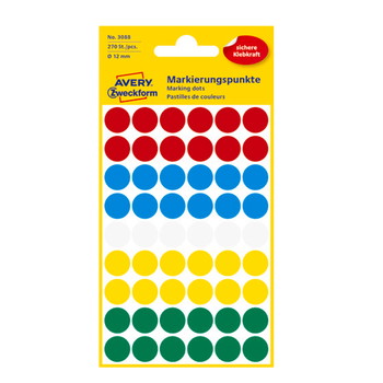 Avery 3088 Ø12mm etiket flerfarvet 270stk