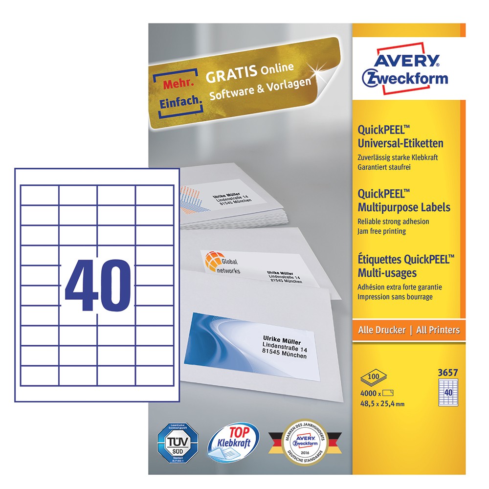 Etiket Avery 3657 48,5x25,4mm hvid æsk/100 ark ark/40 