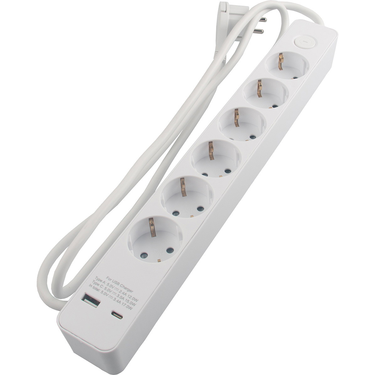 Stikdåse 6 udtag 2xUSB 1,5m