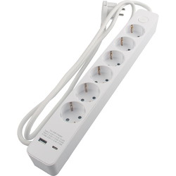 Stikdåse 6 udtag 2xUSB 1,5m