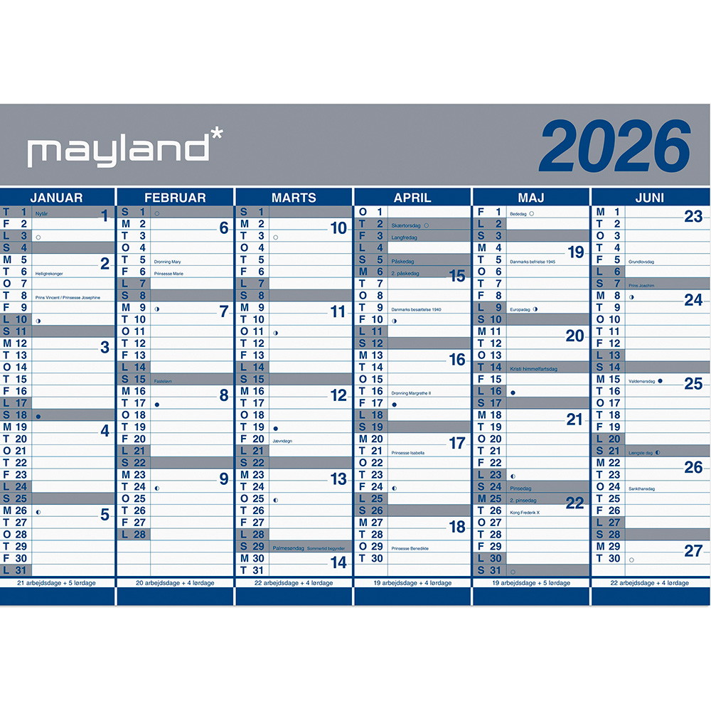 Mayland 2026 26064100 2x6mdr. vægkalender 70x100cm