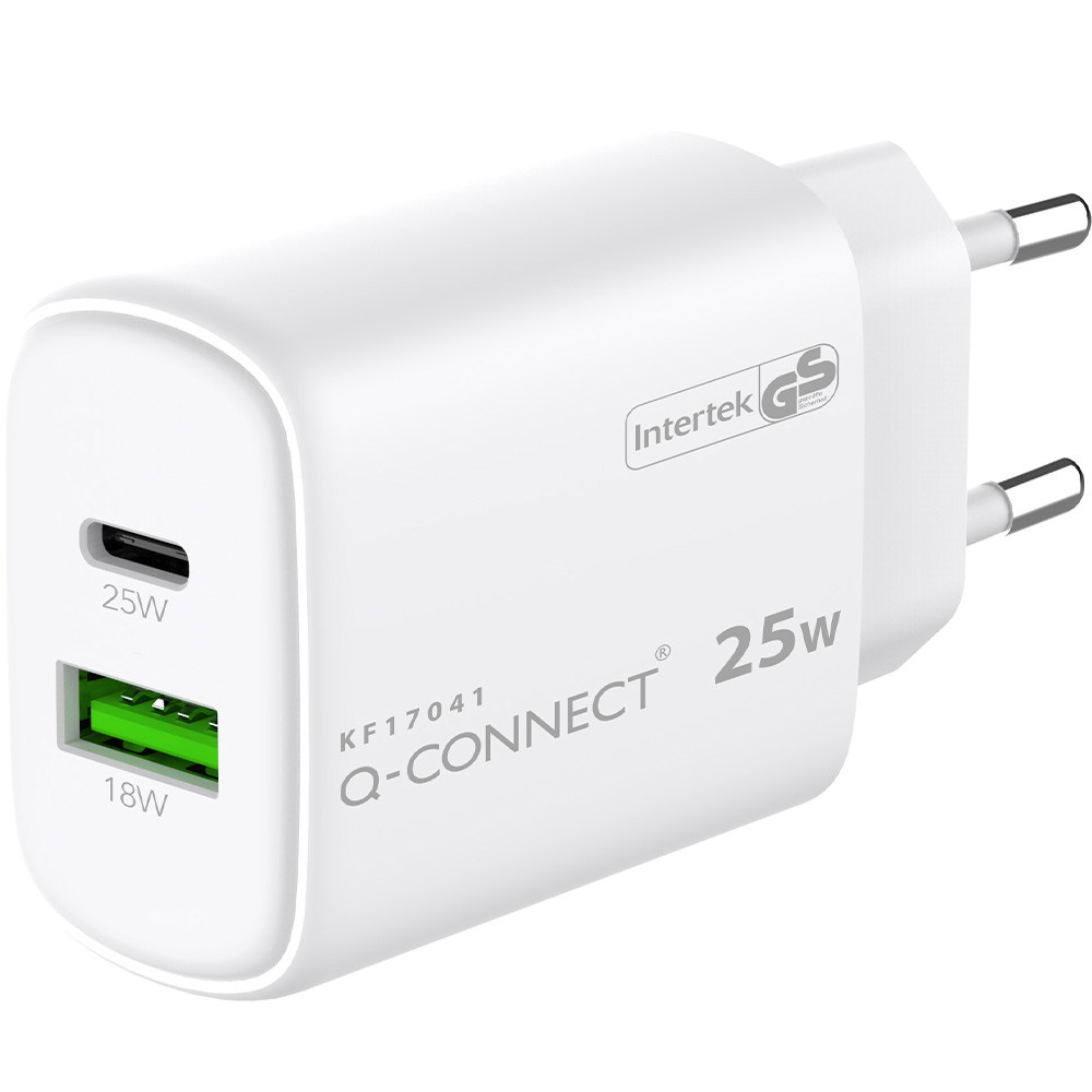 Q-Connect USB-A og USB-C adapter 25W hvid