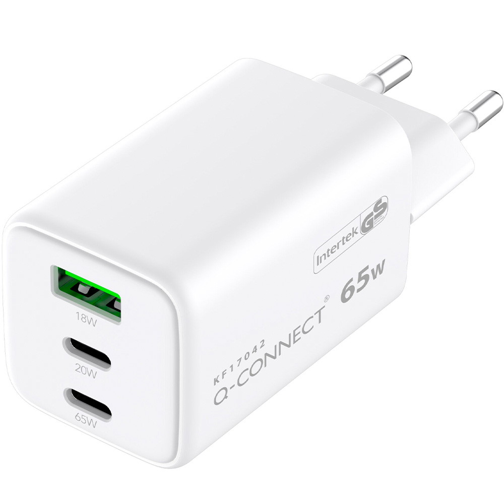 Q-Connect USB-A og 2x USB-C adapter 65W hvid