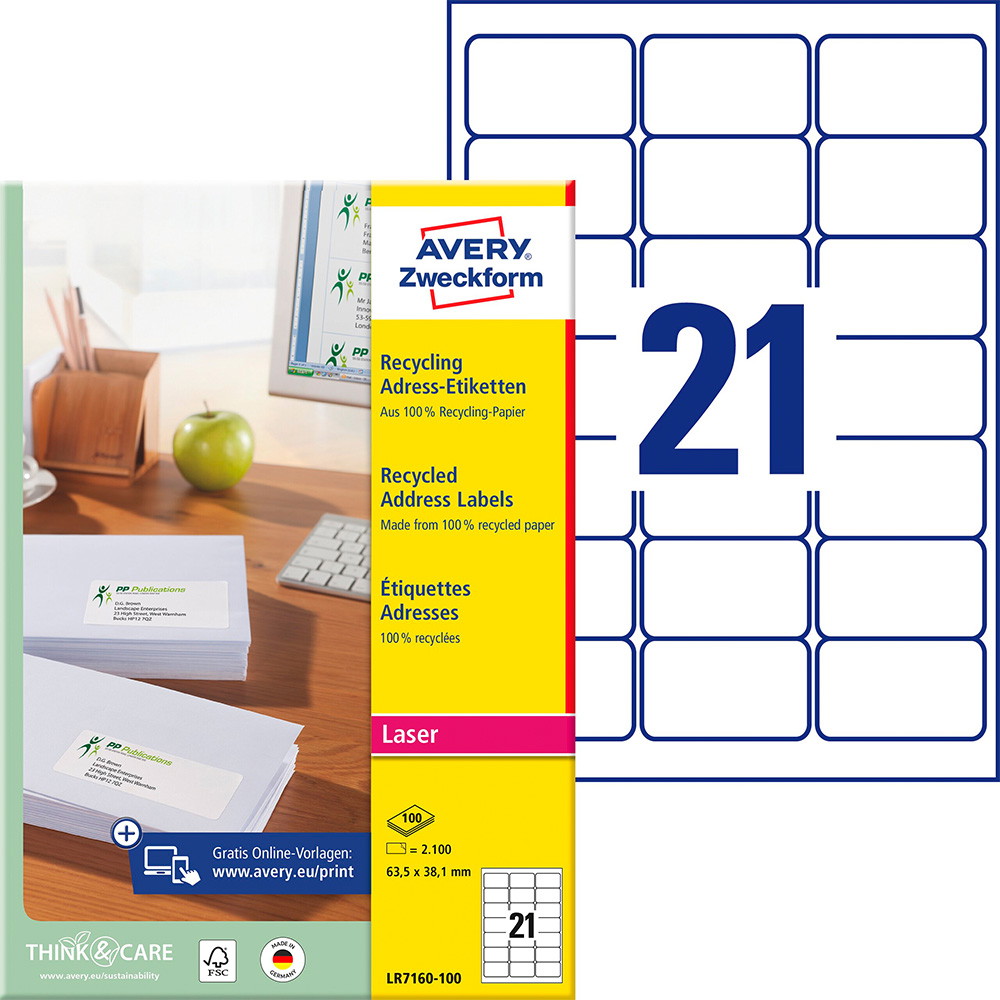 Avery adresse etiketter genbrugspapir 63,5x38,1mm råhvid