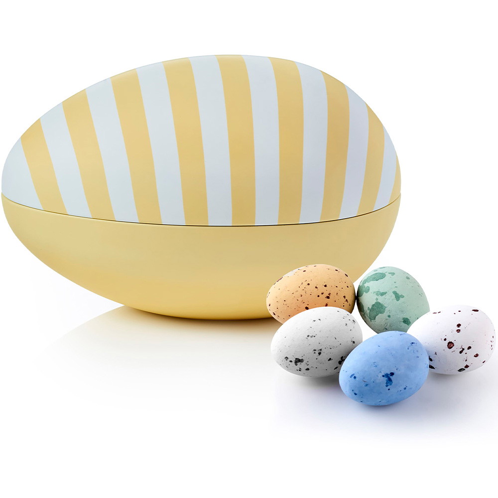 Belgiske Fugleæg i metalæg gul stribet 200g