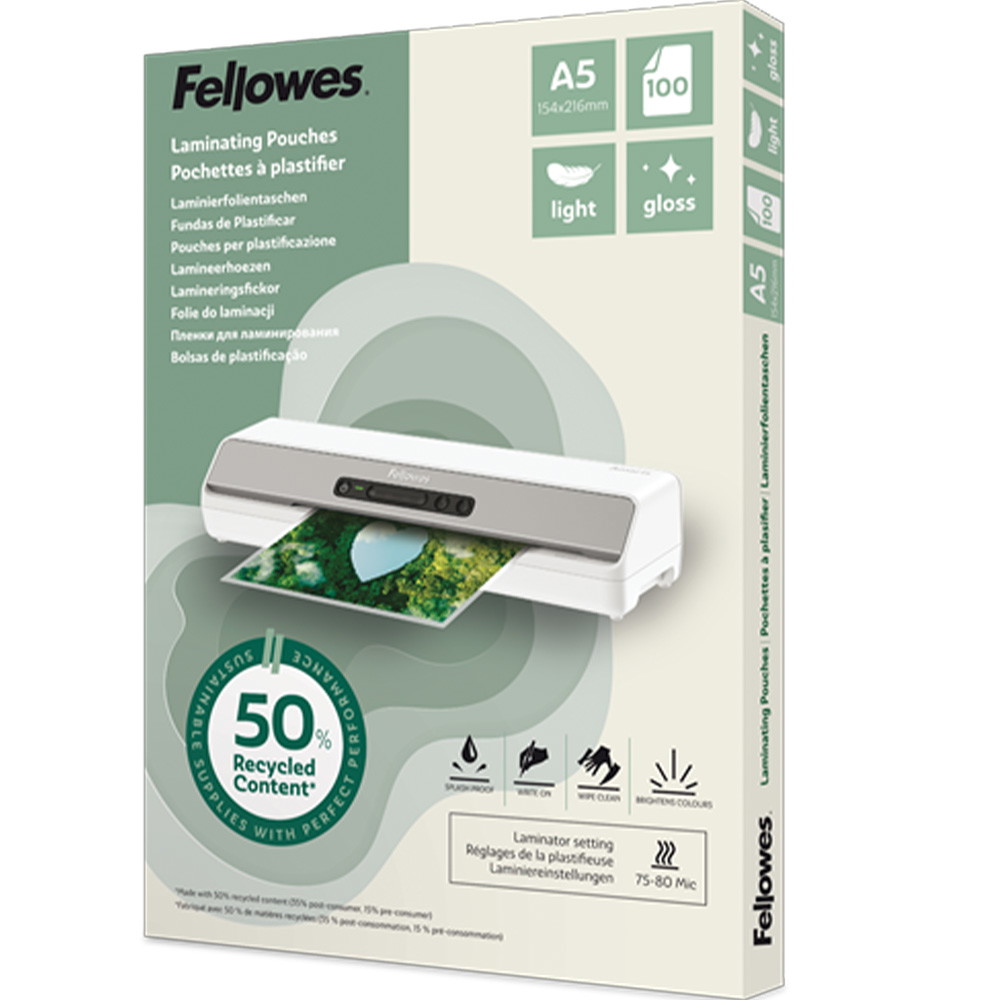 Fellowes lamineringslommer A5 70my 50% recycled klar