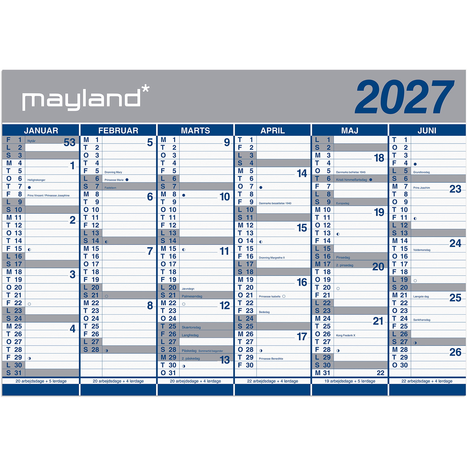 Mayland 27064100 2x6mdr vægkalender 70x100cm papir