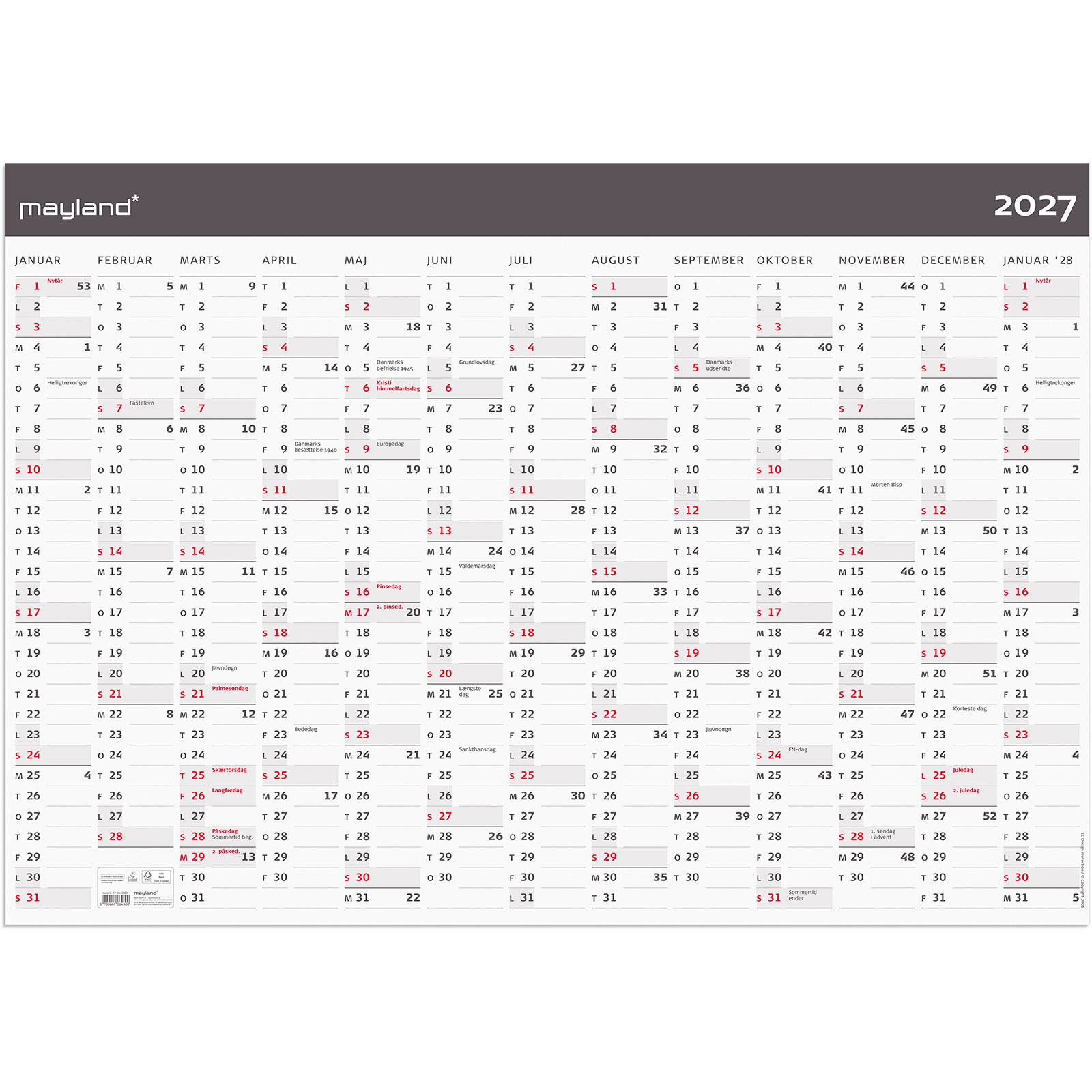 Mayland 27064300 moderne vægkalender i rør 1x13mdr 70x100cm