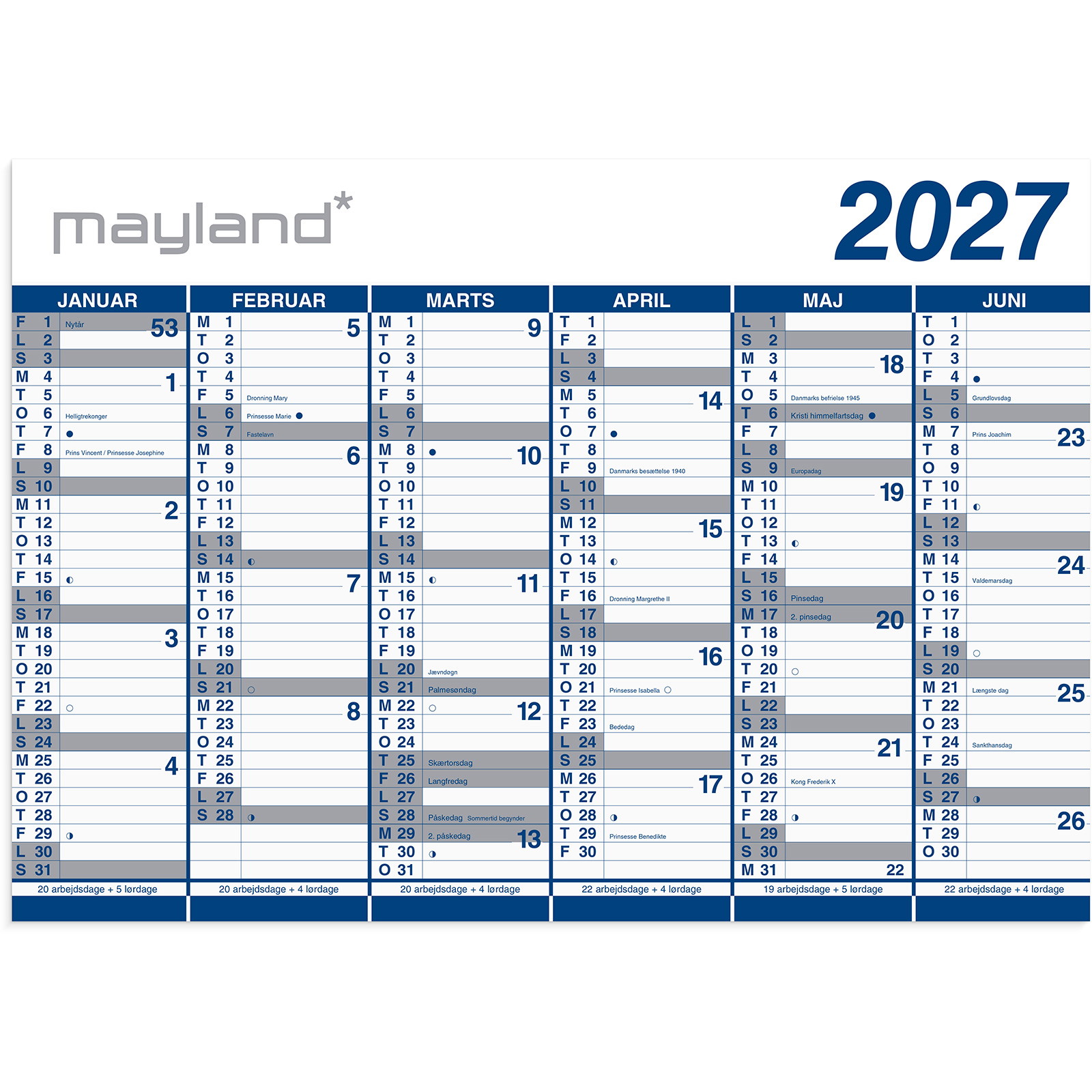 Mayland 27065400 2x6mdr vægkalender i rør 70x100cm