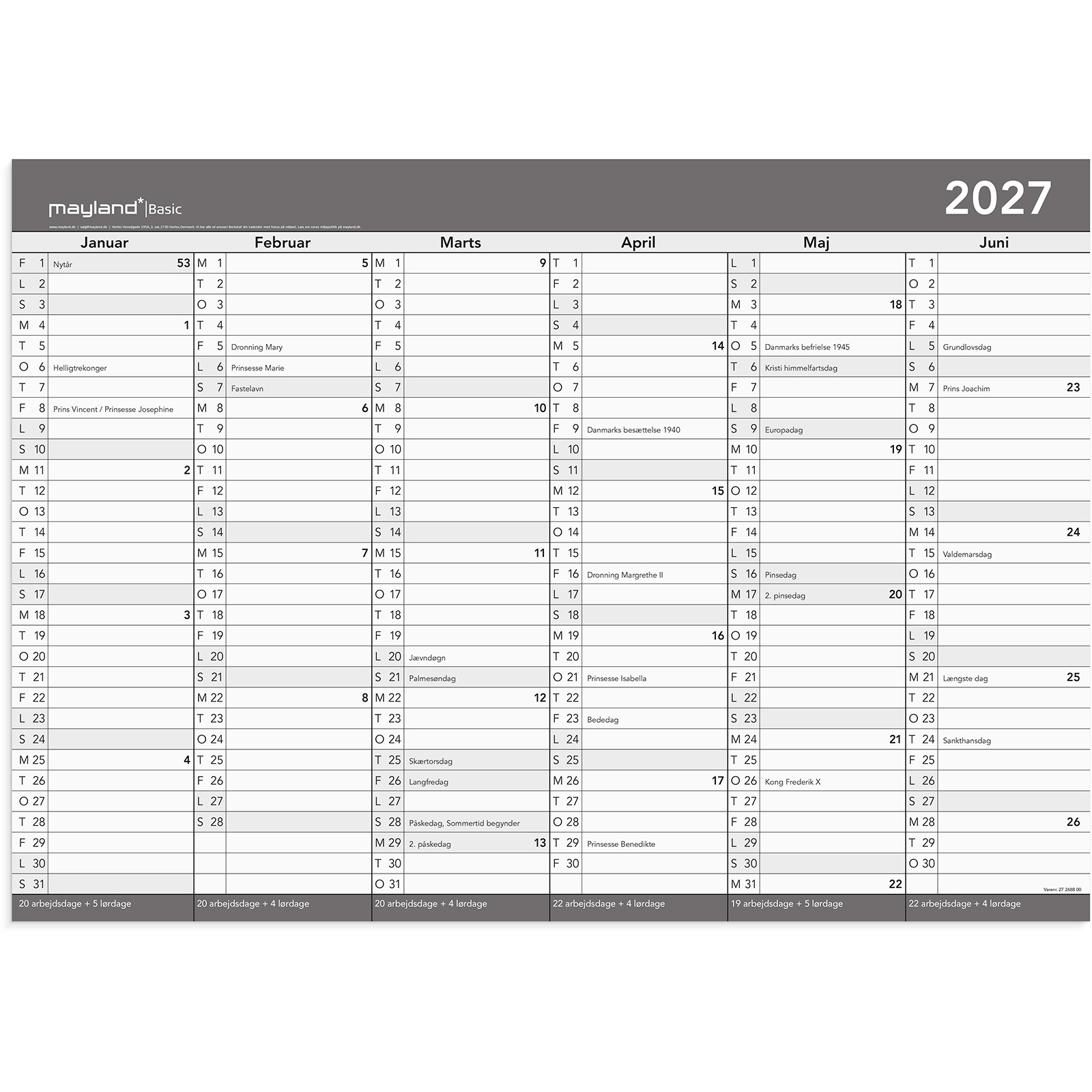 Mayland 27268800 kontorkalender grå A2